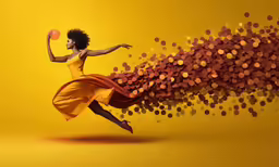 a woman is jumping in the air while wearing a yellow dress