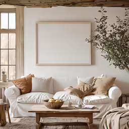 a white couch sitting on top of a wooden table