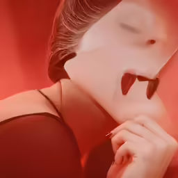 a woman wearing red lipstick has her face pressed to the camera