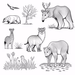 a black and white drawing of various types of animals
