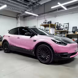a pink car parked inside of a workshop