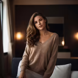 woman with a nice looking breast sitting on a bed