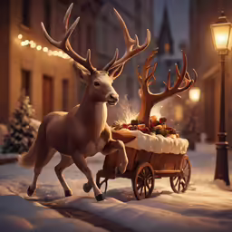 a toy sleigh with a reindeer figure pulling it in the snow
