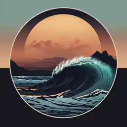 there is an ocean wave in a circular image,a wave is pictured in this circular photo