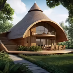 an elaborate wooden and thatched building sitting on the side of a lush green field