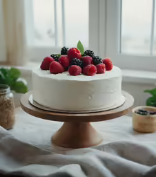 a white cake is sitting on a table with berries on top