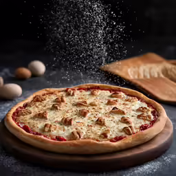 pizza with nuts being tossed on top of it