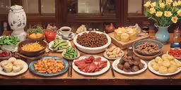a table filled with lots of plates full of food