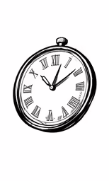black and white drawing of a clock with hands