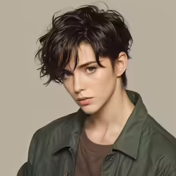 a young woman wearing a jacket and brown shirt