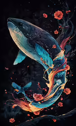 a whale on a black background that appears to be painted