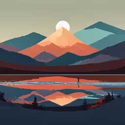 a man fishing in a lake during sunset,an artwork of mountains, lake and a man standing