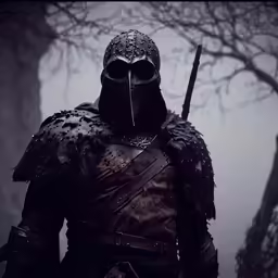 a knight in armor is walking through a foggy woods