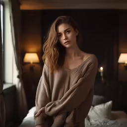 a woman in a sweater standing in a bedroom