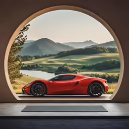 a red sports car in front of a circular window