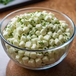 there are many cubes of food inside the glass bowl