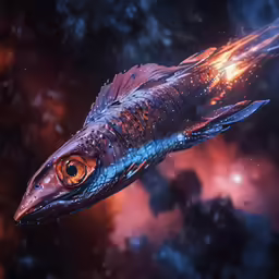 an alien fish floating on a red light in the dark