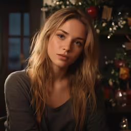 a young woman with long hair sitting in front of a christmas tree