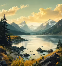 a photo of a scenic scene with water and mountains