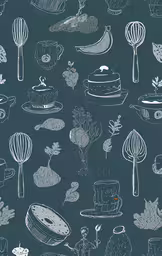 the blue and white drawing depicts various items,a wallpaper with drawings on it depicting food