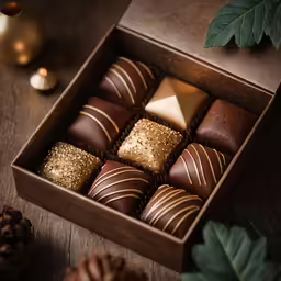 a box of chocolates with gold decorations and a sprig of leaves