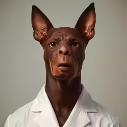 a man in a white lab coat has a hair on his face