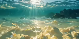 an underwater scene shows the rocky shoreline and waves