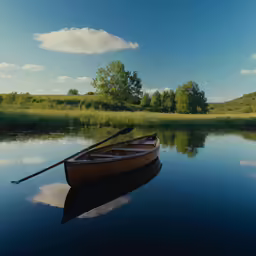 a single canoe rests on a calm lake