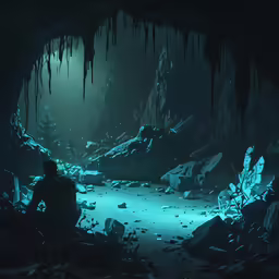 a man sitting alone in the middle of the cave