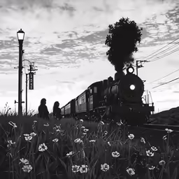 a steam engine pulling train cars through a grass and flower field