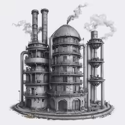 a black and white photo of factory smoke stacks