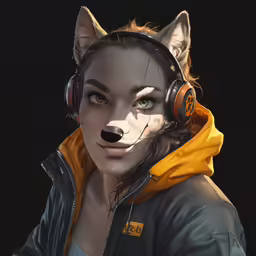 the character in the game, a woman with headphones