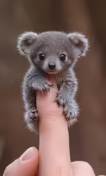 a tiny baby bear sitting on top of a finger