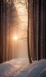 the sun is shining through the trees in the snow