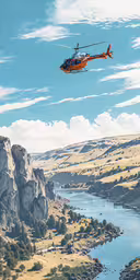 an air plane flying over a mountain range,a helicopter flying above a river in the sky