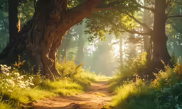 a dirt path leads through a lush green forest