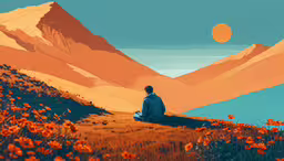 a man sitting alone in a field of flowers,a man sitting on a hill looking out at the mountains