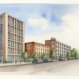 a painting of a city with three buildings,this is a watercolor drawing of some buildings in the city,a drawing of a view of a two story building next to another one,this is a sketch of several buildings on a city street,a watercolor drawing of two office buildings on the corner