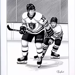 a drawing of two hockey players on a hockey rink,two hockey players are moving towards the goal