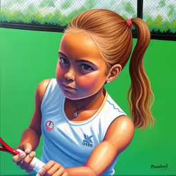 a painting of a little girl holding a tennis racket,a painting of a little girl playing tennis