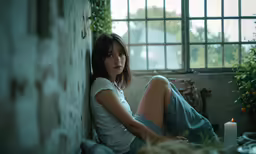 a girl sitting on a ledge looking out the window