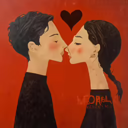 a painting of two girls facing each other, one kissing