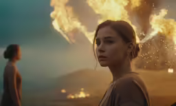 the young woman is staring into the distance as a huge plume of smoke looms in the background