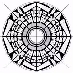 an ornamental circular pattern in black and white,an ornamental design, with lines coming out of the center of the circle