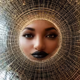 the model appears to have a large circle of golden thread over her face