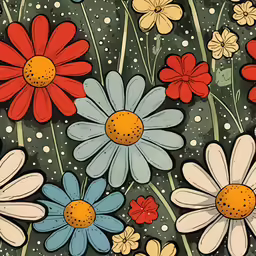 an artistic drawing of a group of colorful flowers