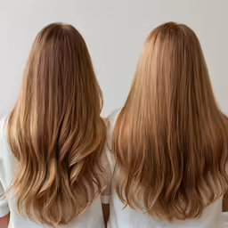 two women who are both with long, shiny brown hair