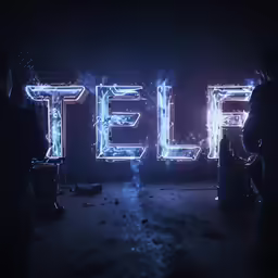 a man standing in front of the words iel lit by neon light