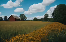 the grass is in front of a small red building with a straw roof