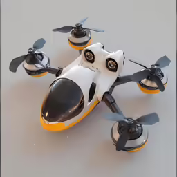 an orange and white toy airplane with propellers